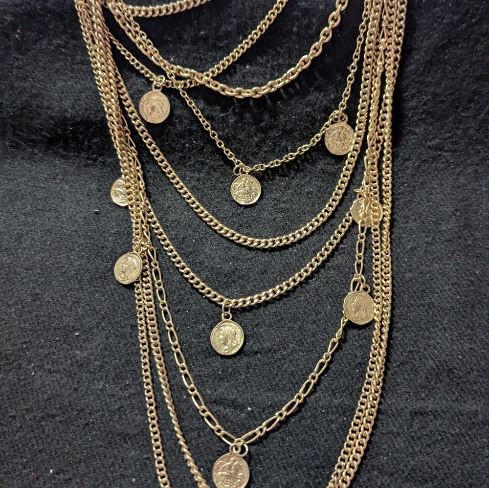 Lydell Gold Tone Layered Chain Faux Coin Statement Necklace - Picture 3 of 5
